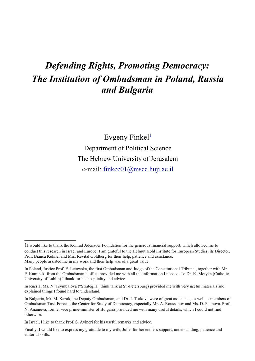 Defending Rights, Promoting Democracy: the Institution of Ombudsman in Poland, Russia and Bulgaria