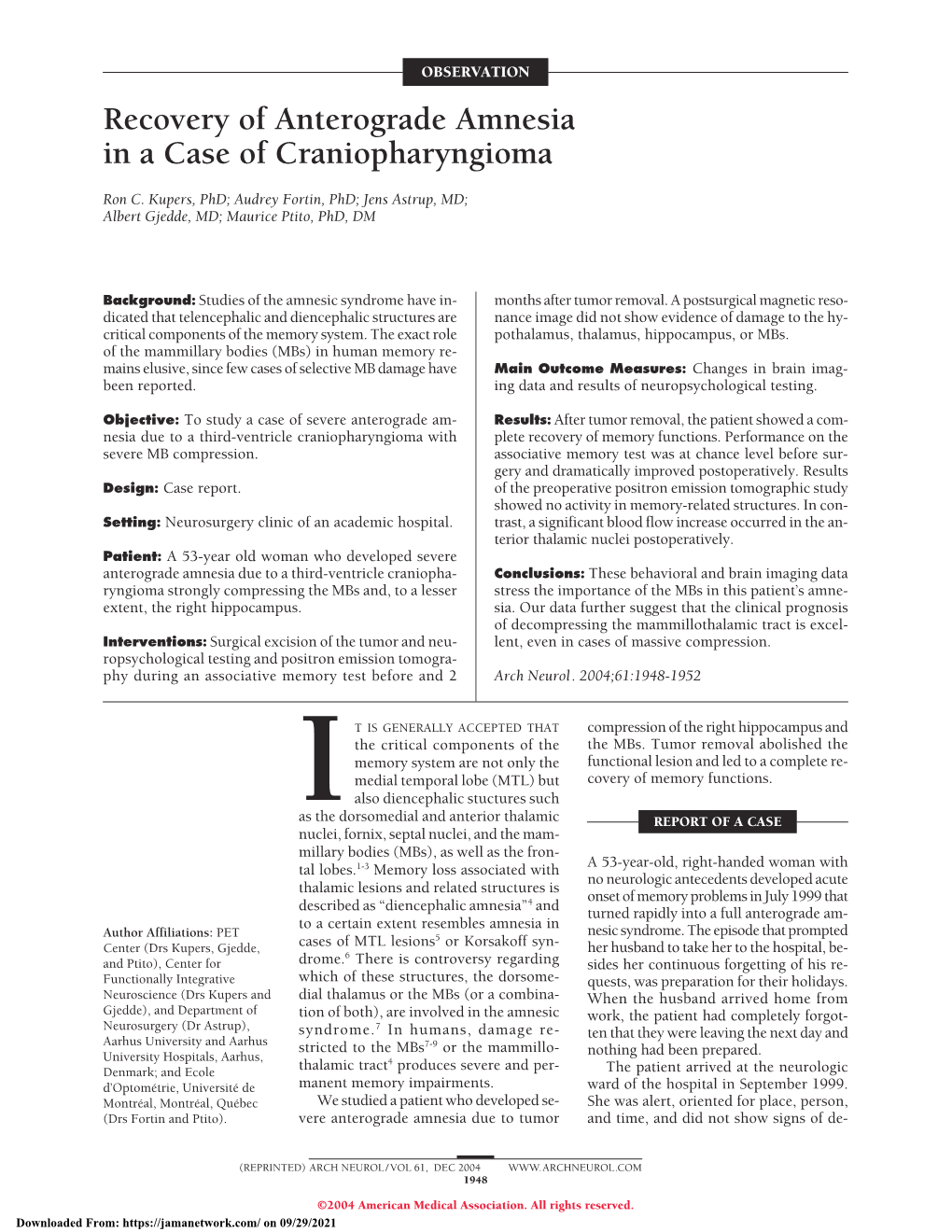 Recovery of Anterograde Amnesia in a Case of Craniopharyngioma