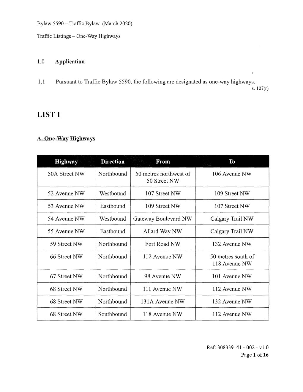 Traffic Listing One-Way Highways