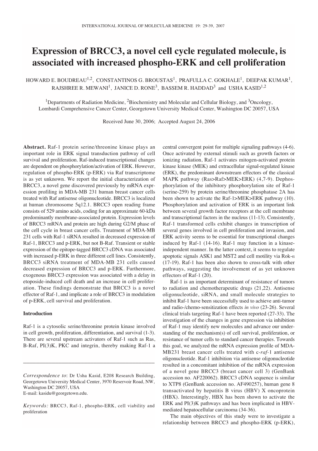 Expression of BRCC3, a Novel Cell Cycle Regulated Molecule, Is Associated with Increased Phospho-ERK and Cell Proliferation