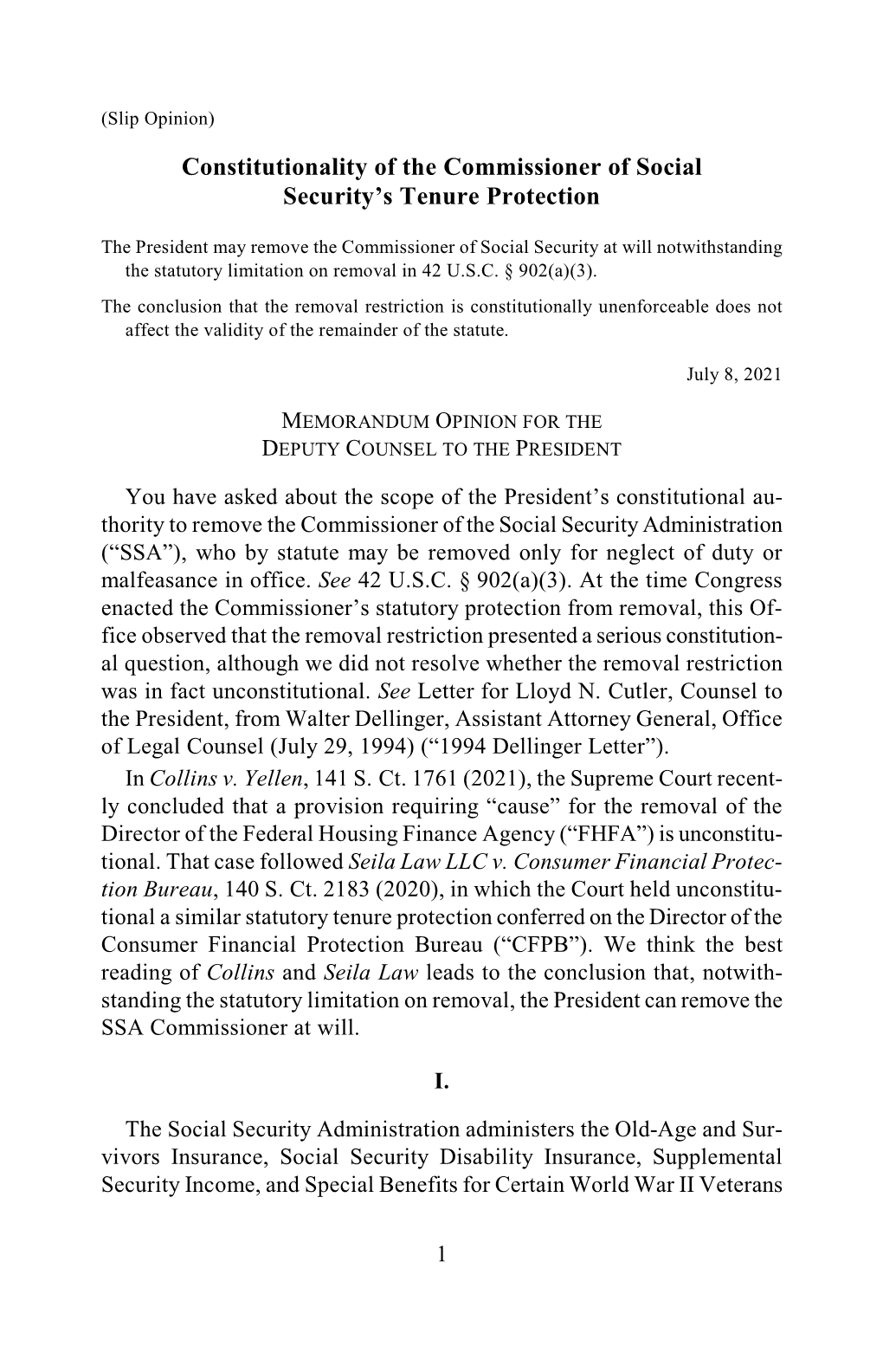 Constitutionality of the Commissioner of Social Security's Tenure Protection