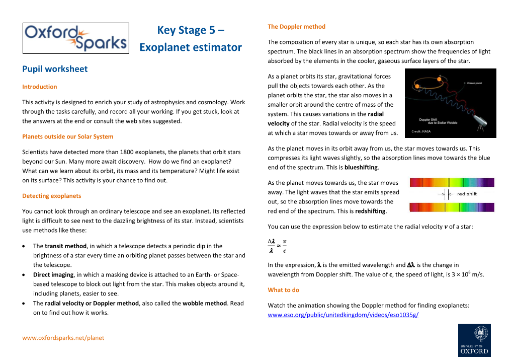 Key Stage 5 – Exoplanet Estimator 51 Pegasi B