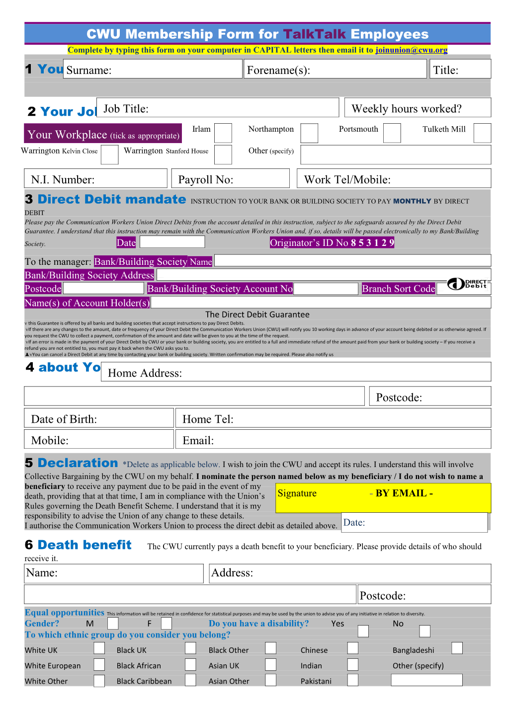 CWU Membership Form for Talktalk Employees