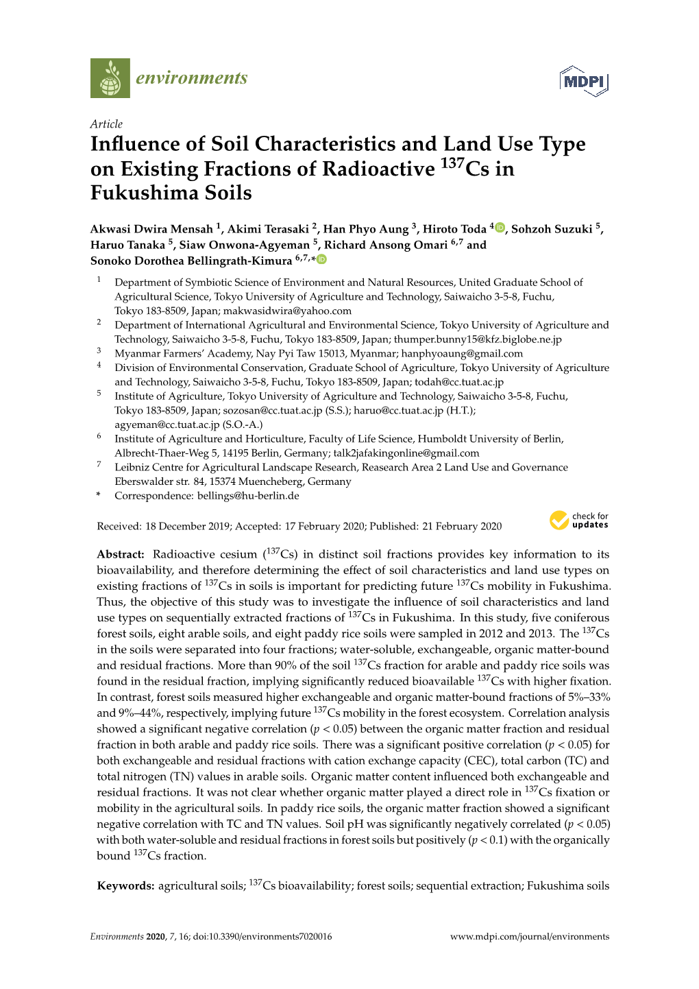 Influence of Soil Characteristics and Land Use Type on Existing Fractions of Radioactive Cs in Fukushima Soils