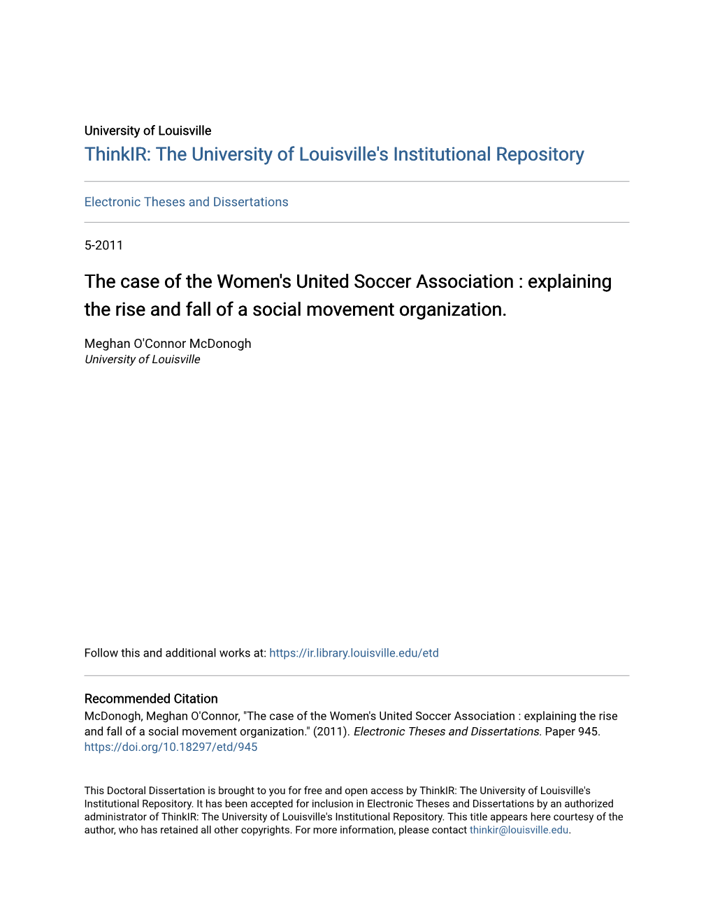 The Case of the Women's United Soccer Association : Explaining the Rise and Fall of a Social Movement Organization
