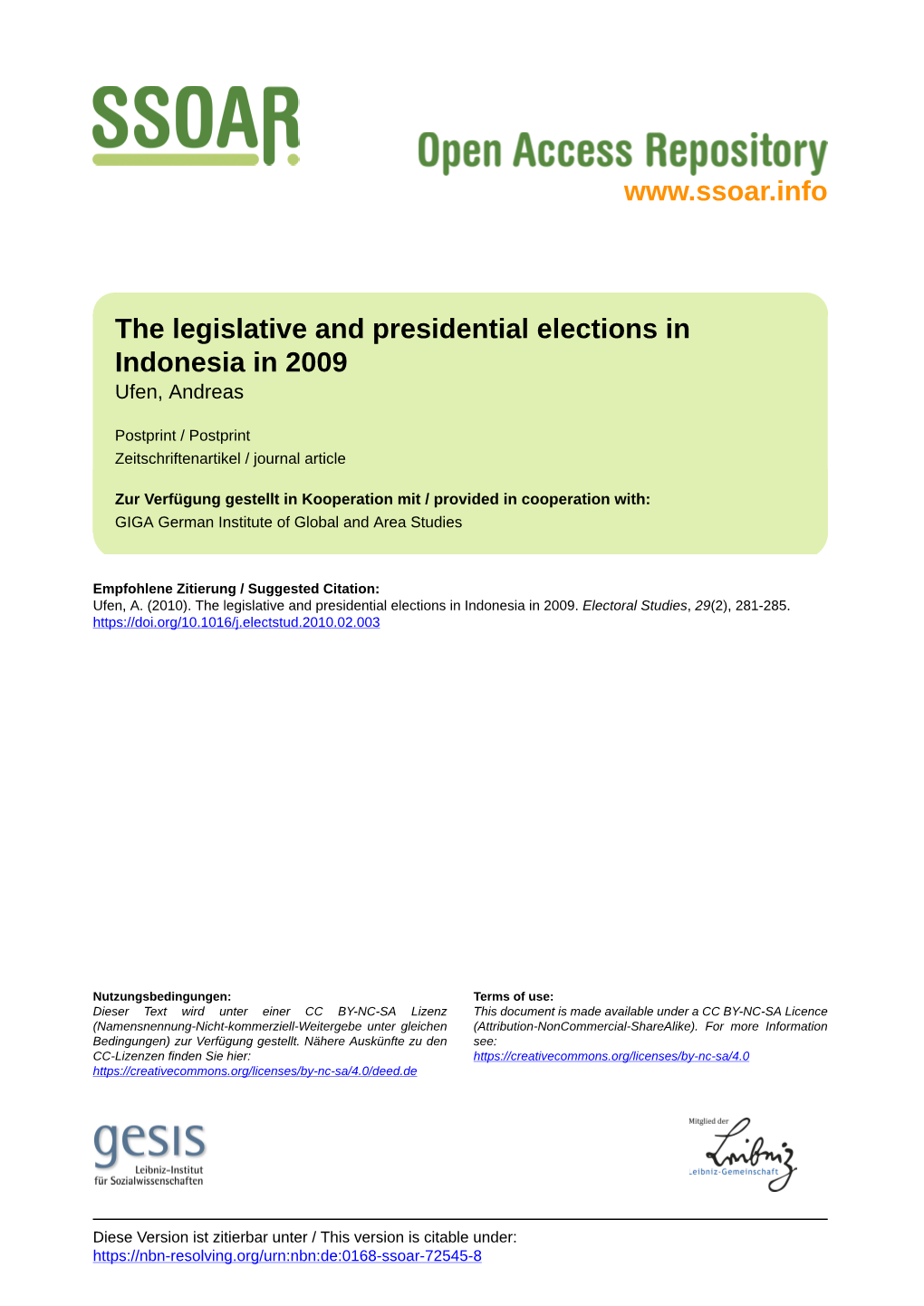 The Legislative and Presidential Elections in Indonesia in 2009 Ufen, Andreas