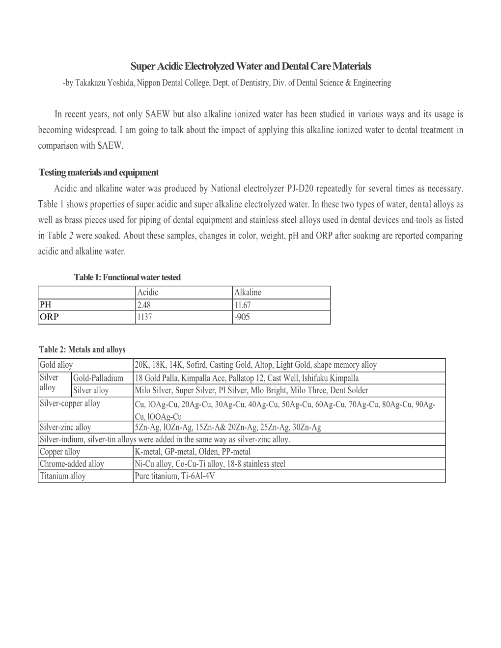 Super Acidic Electrolyzed Water and Dental Care Materials -By Takakazu Yoshida, Nippon Dental College, Dept