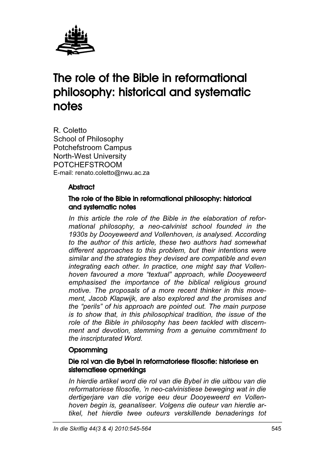 The Role of the Bible in Reformational Philosophy: Historical and Systematic Notes