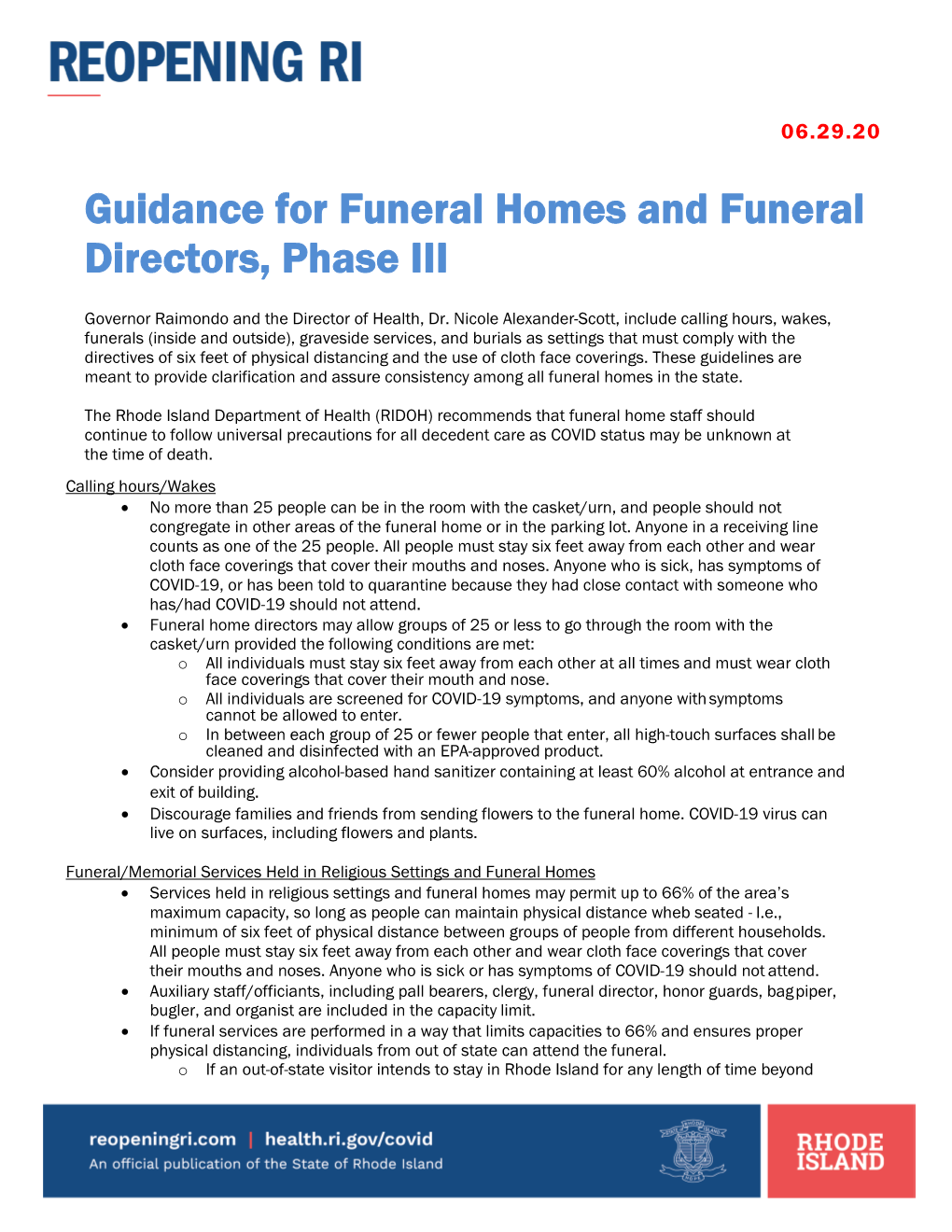 Guidance for Funeral Homes and Funeral Directors, Phase III