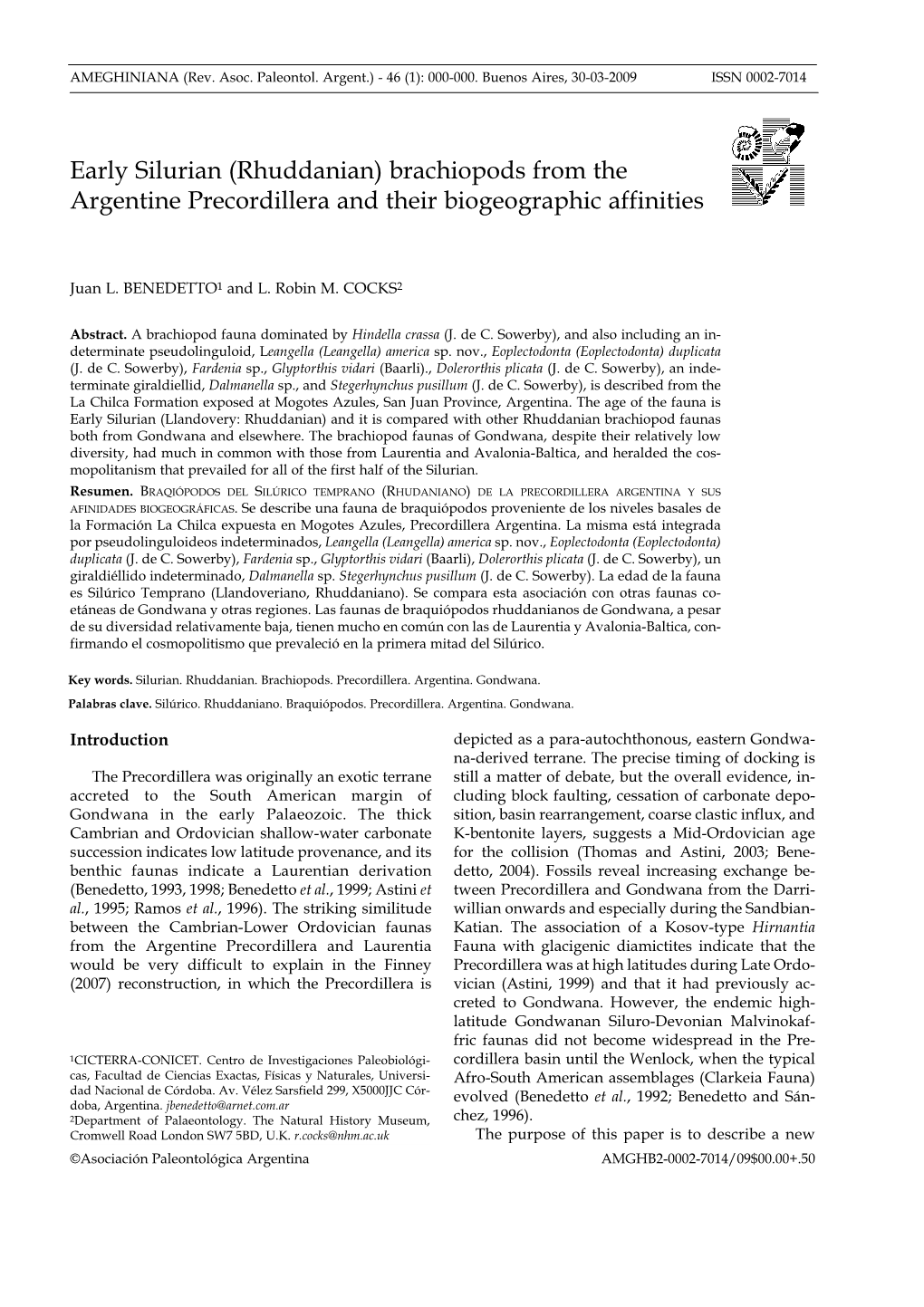 Early Silurian (Rhuddanian) Brachiopods from the Argentine Precordillera and Their Biogeographic Affinities