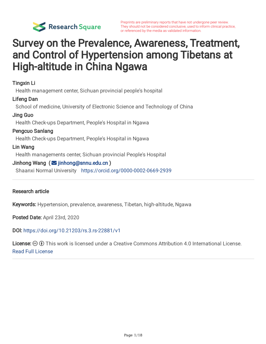 Survey on the Prevalence, Awareness, Treatment, and Control of Hypertension Among Tibetans at High-Altitude in China Ngawa