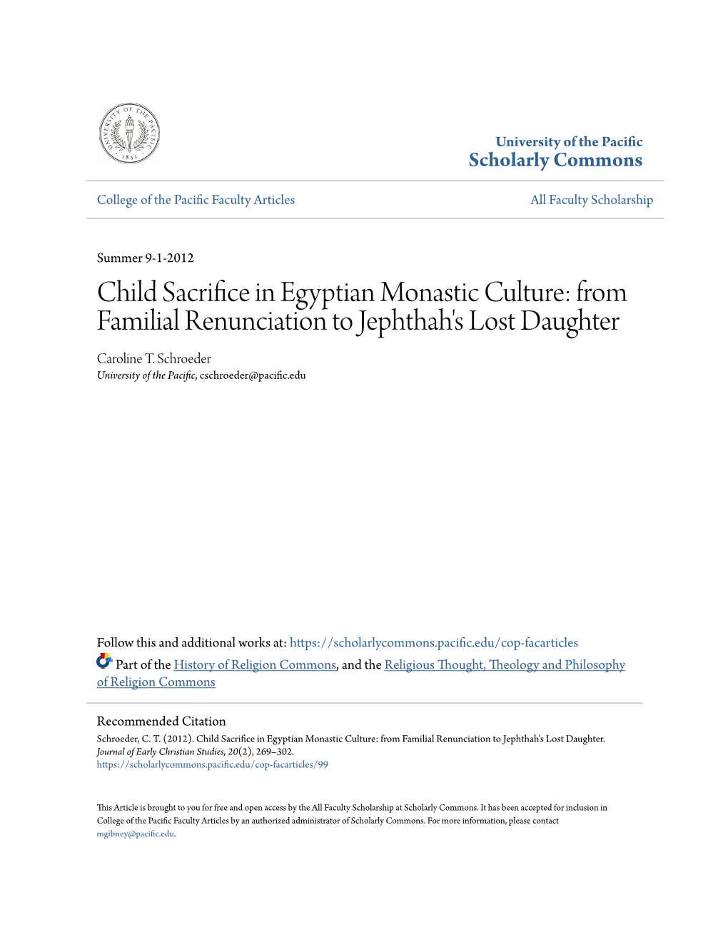 Child Sacrifice in Egyptian Monastic Culture: from Familial Renunciation to Jephthah's Lost Daughter