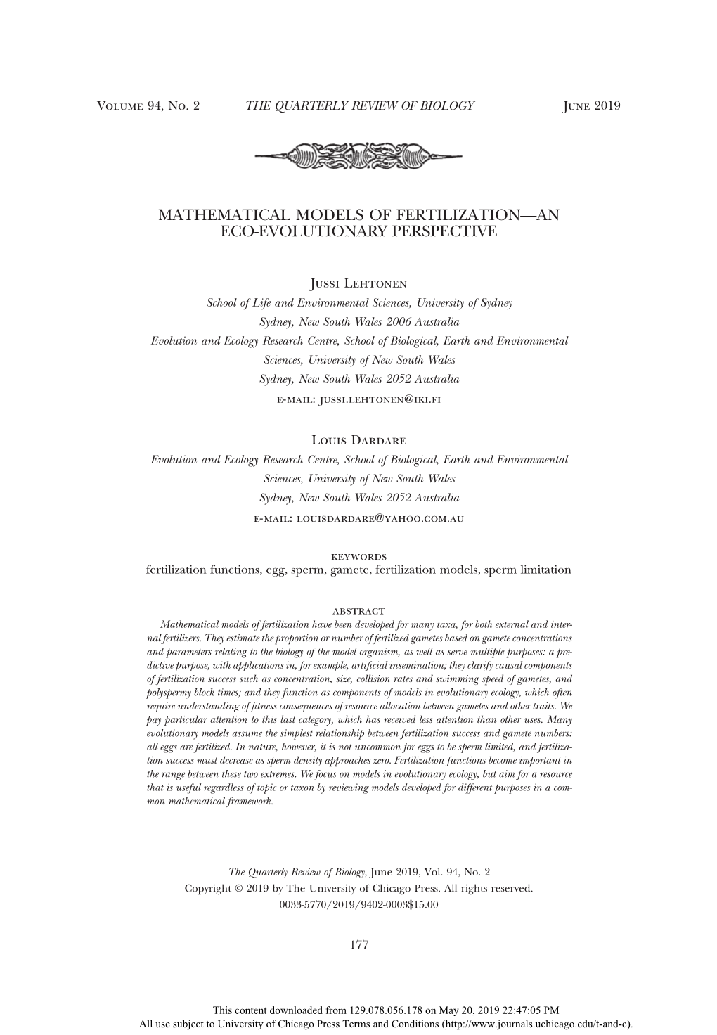 Mathematical Models of Fertilization—An Eco-Evolutionary Perspective