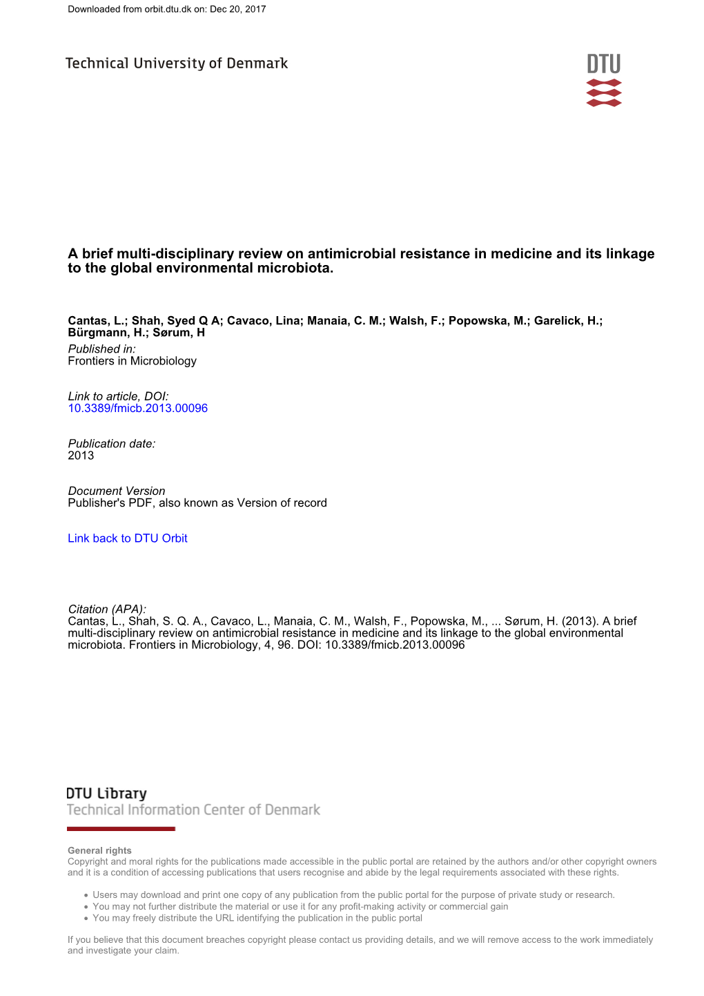 A Brief Multi-Disciplinary Review on Antimicrobial Resistance in Medicine and Its Linkage to the Global Environmental Microbiota