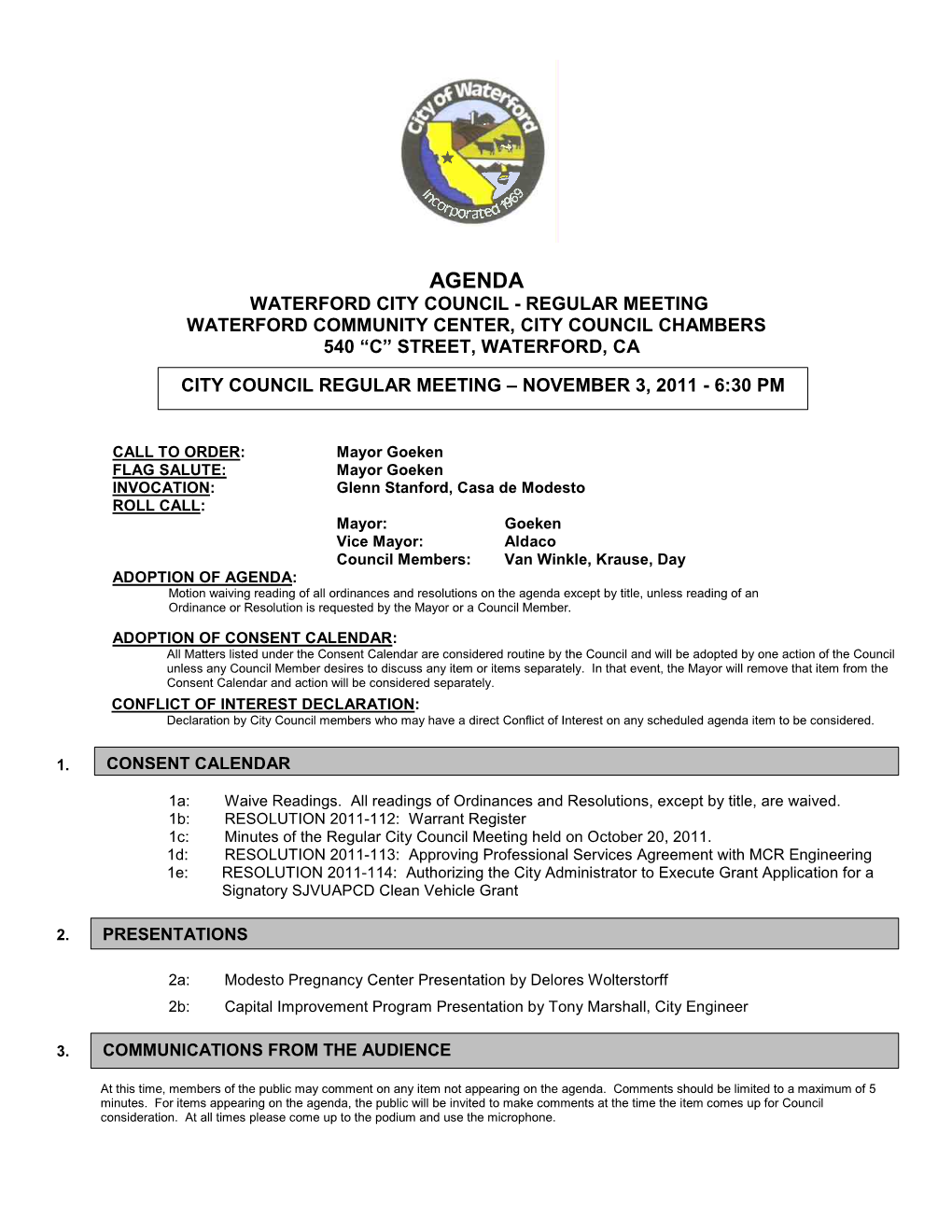 Agenda Waterford City Council - Regular Meeting Waterford Community Center, City Council Chambers 540 “C” Street, Waterford, Ca