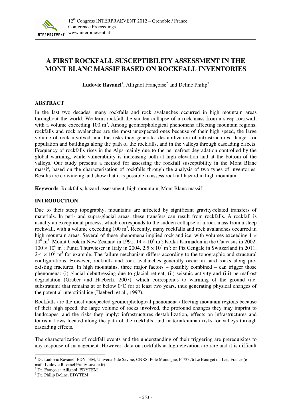 A First Rockfall Susceptibility Assessment in the Mont Blanc Massif Based on Rockfall Inventories