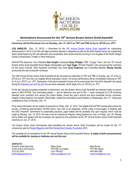 1 Nominations Announced for the 19Th Annual Screen Actors Guild
