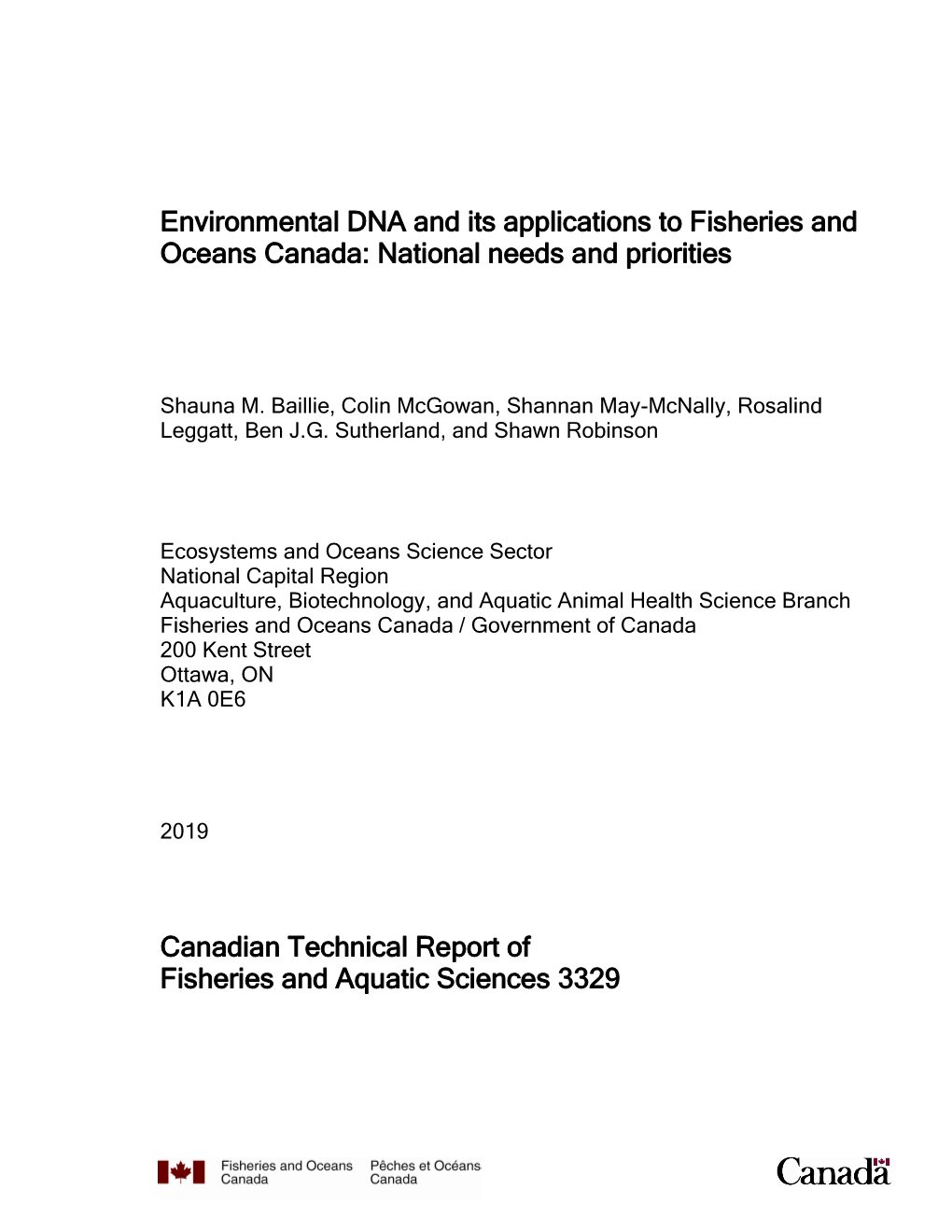 Environmental DNA and Its Applications to Fisheries and Oceans Canada: National Needs and Priorities