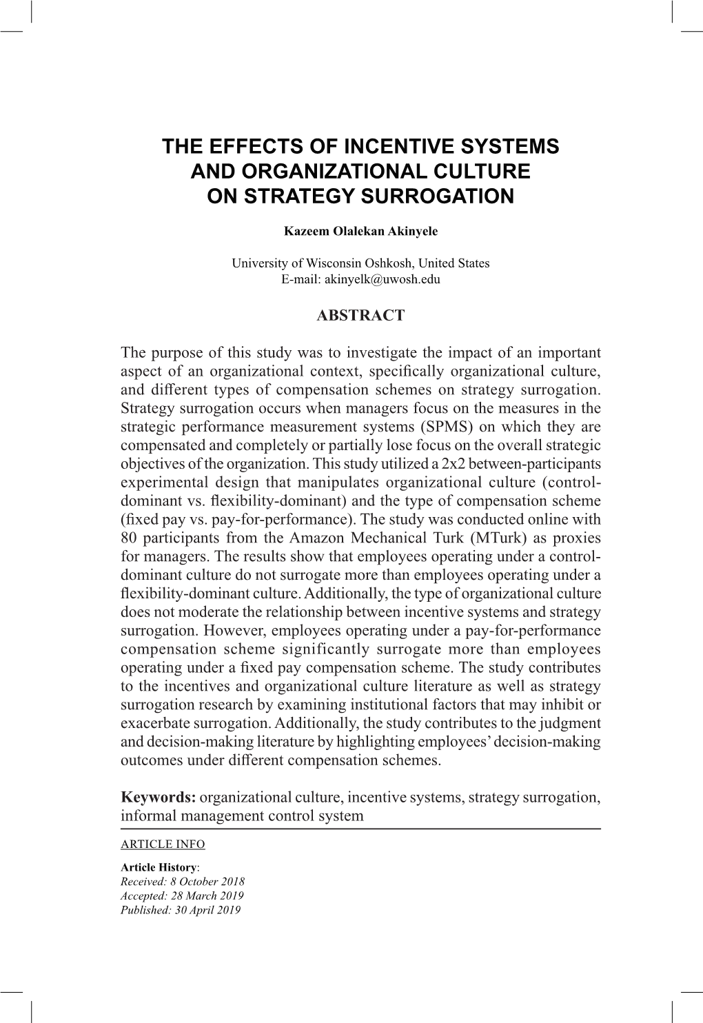 The Effects of Incentive Systems and Organizational Culture on Strategy Surrogation