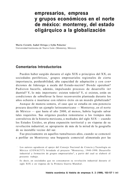 Empresarios, Empresa Y Grupos Económicos En El Norte De México: Monterrey, Del Estado Oligárquico a La Globalización