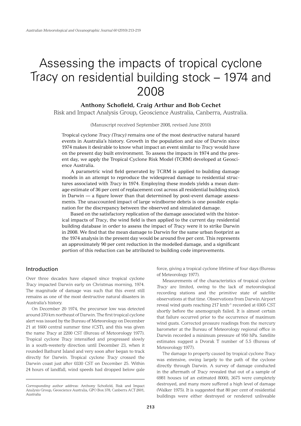 Assessing the Impacts of Tropical Cyclone Tracy on Residential