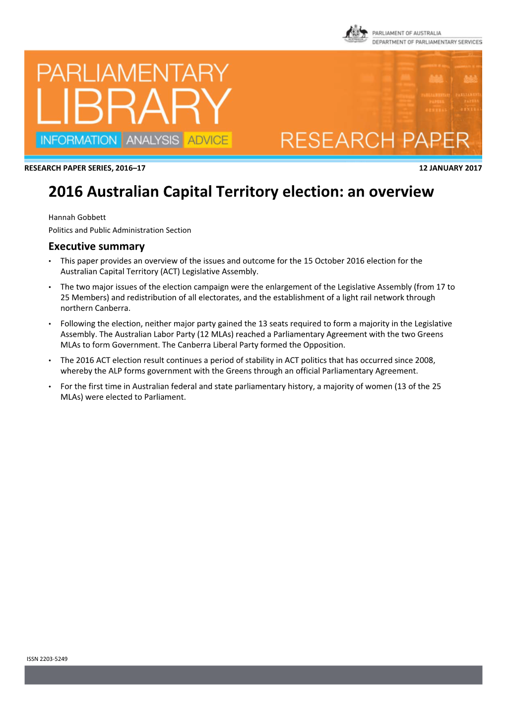 2016 Australian Capital Territory Election: an Overview