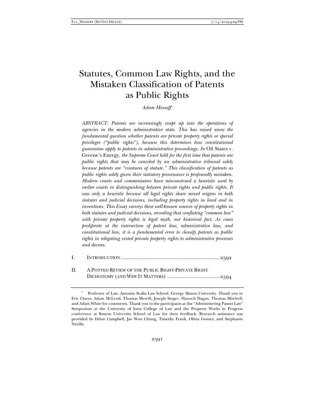 Statutes, Common Law Rights, and the Mistaken Classification of Patents As Public Rights