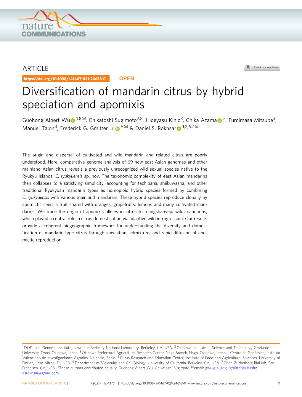 Diversification of Mandarin Citrus by Hybrid Speciation and Apomixis