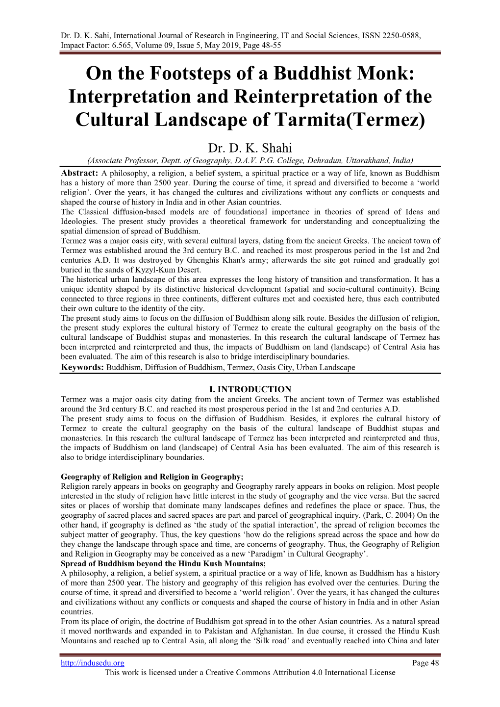 On the Footsteps of a Buddhist Monk: Interpretation and Reinterpretation of the Cultural Landscape of Tarmita(Termez)