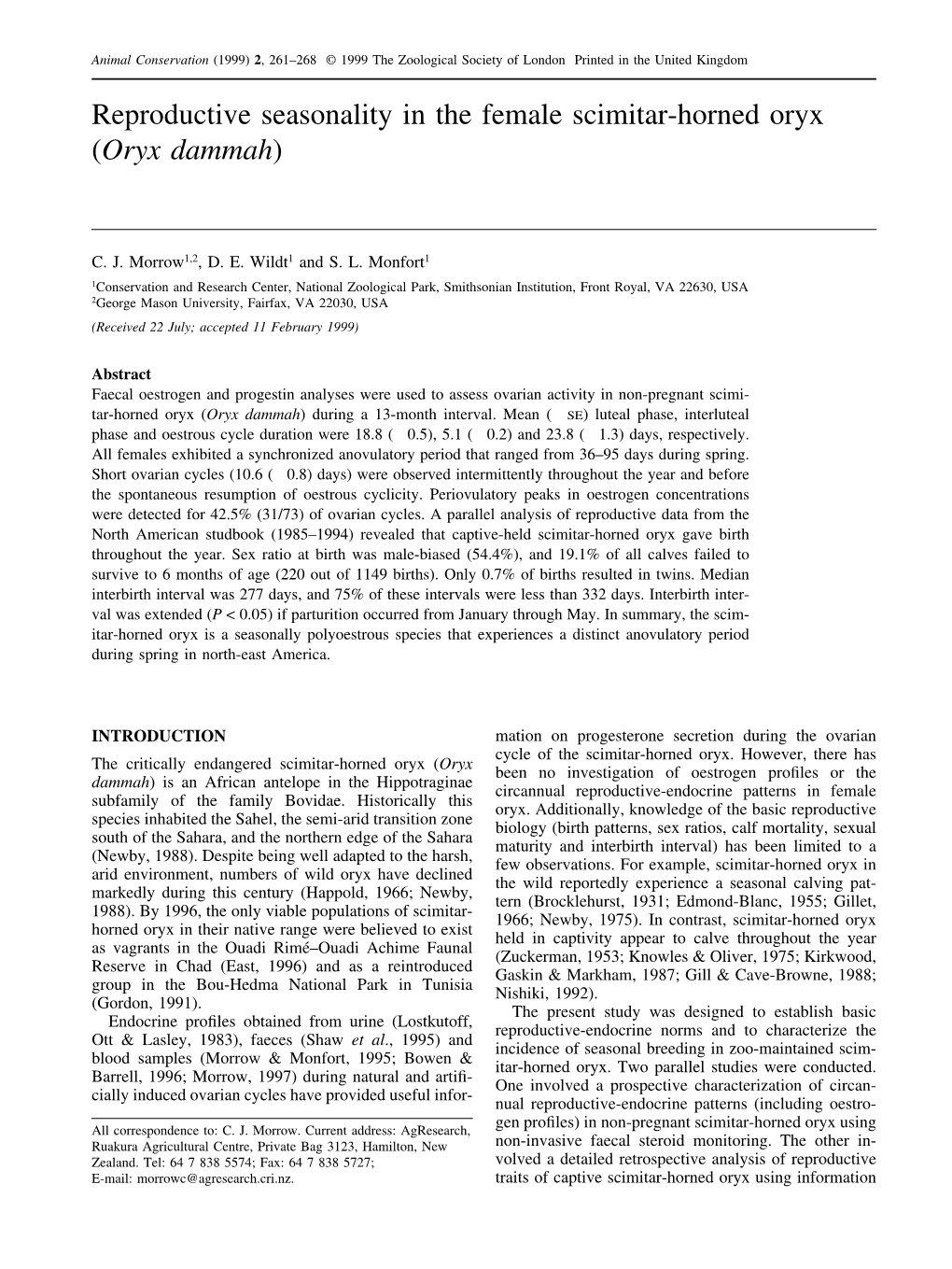 Reproductive Seasonality in the Female Scimitar-Horned Oryx (Oryx Dammah)