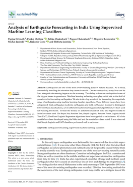 Analysis of Earthquake Forecasting in India Using Supervised Machine Learning Classiﬁers