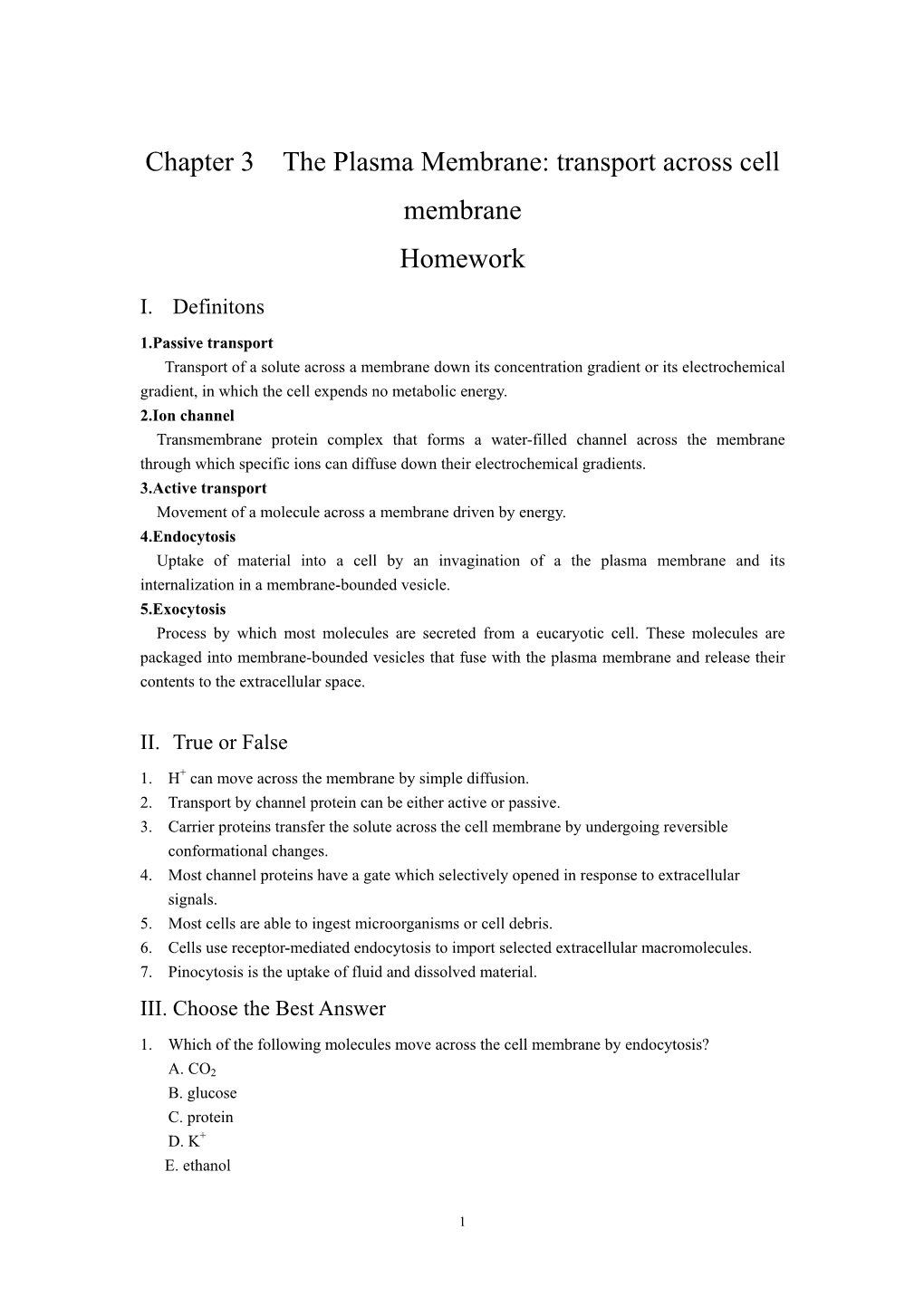 Chapter 3 the Plasma Membrane: Transport Across Cell Membrane Homework