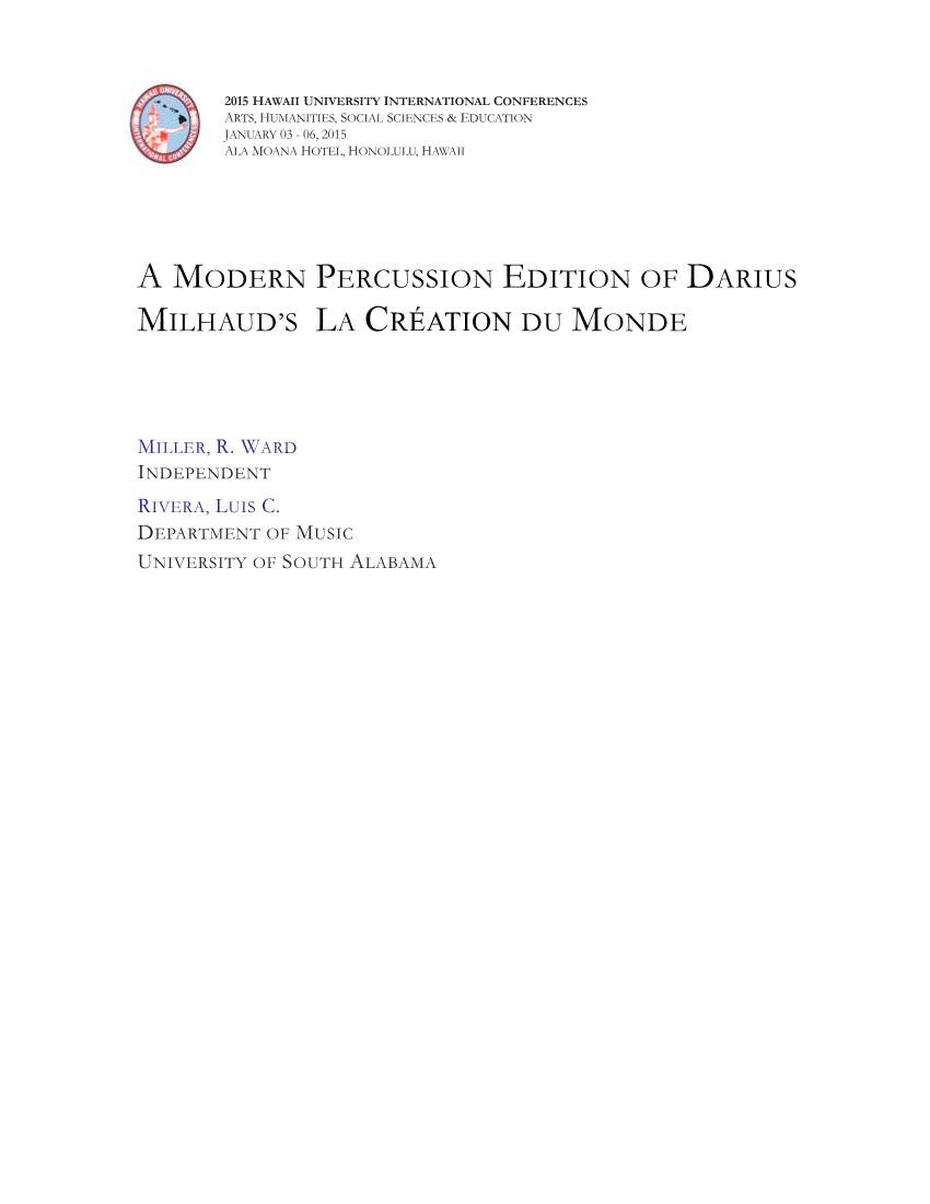 A Modern Percussion Edition of Darius Milhaud's La Création Du Monde