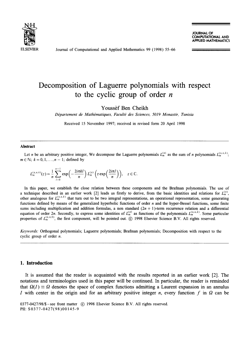 Decomposition of Laguerre Polynomials with Respect to the Cyclic Group of Order N