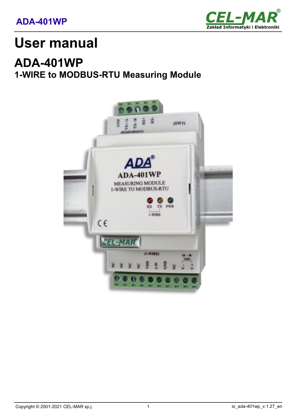 1-WIRE to MODBUS-RTU Measuring Module ADA-401WP