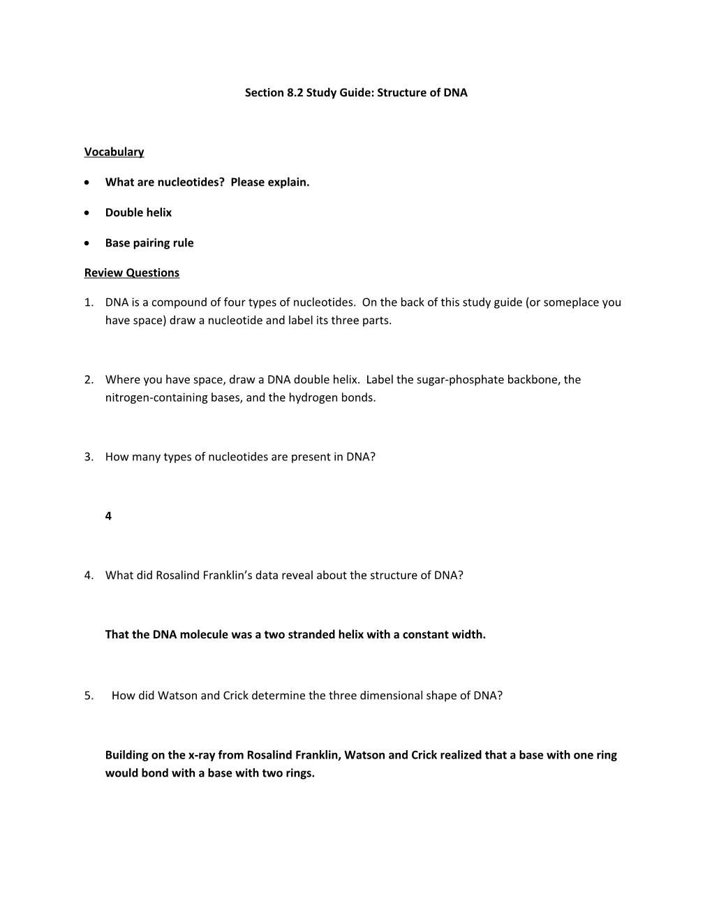 Section 8.2 Study Guide: Structure of DNA