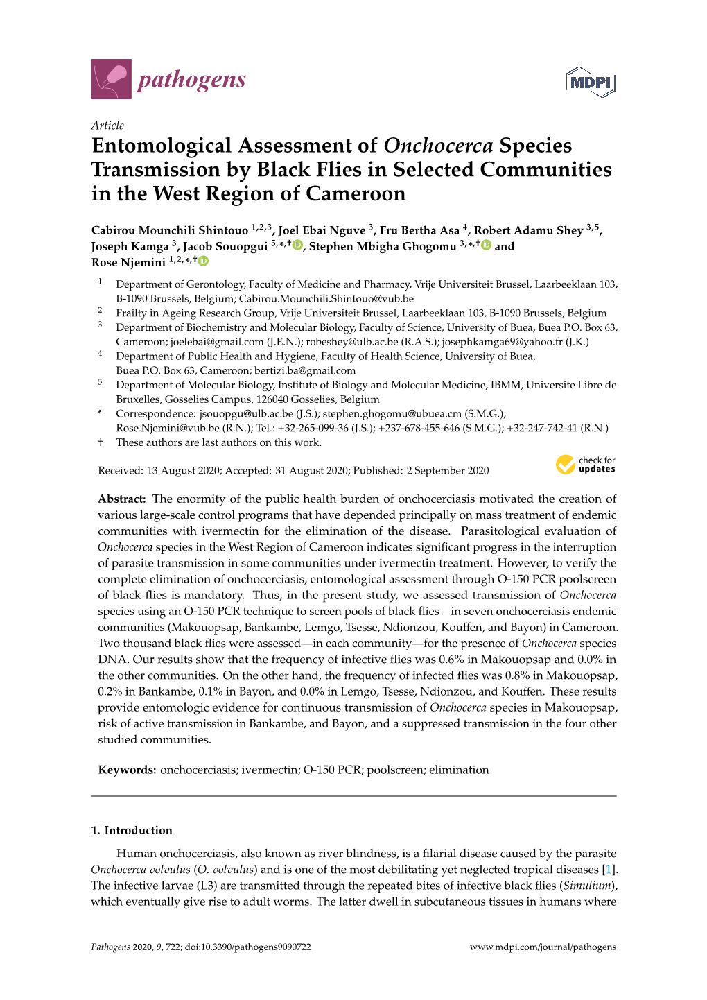 Entomological Assessment of Onchocerca Species Transmission by Black Flies in Selected Communities in the West Region of Cameroon