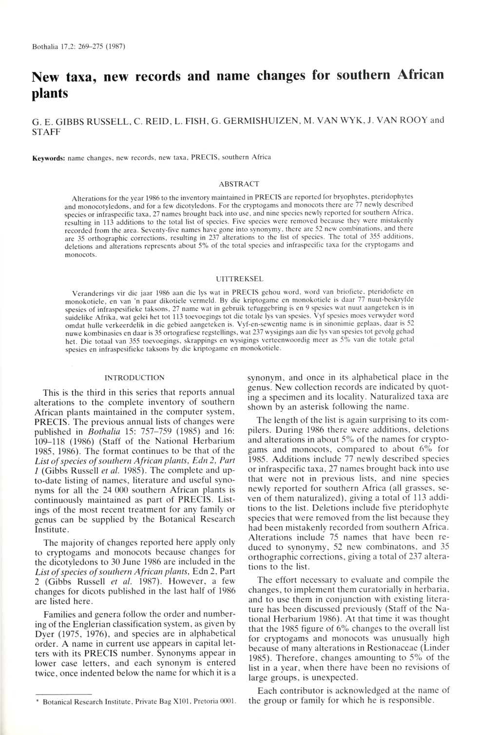 New Taxa, New Records and Name Changes for Southern African Plants