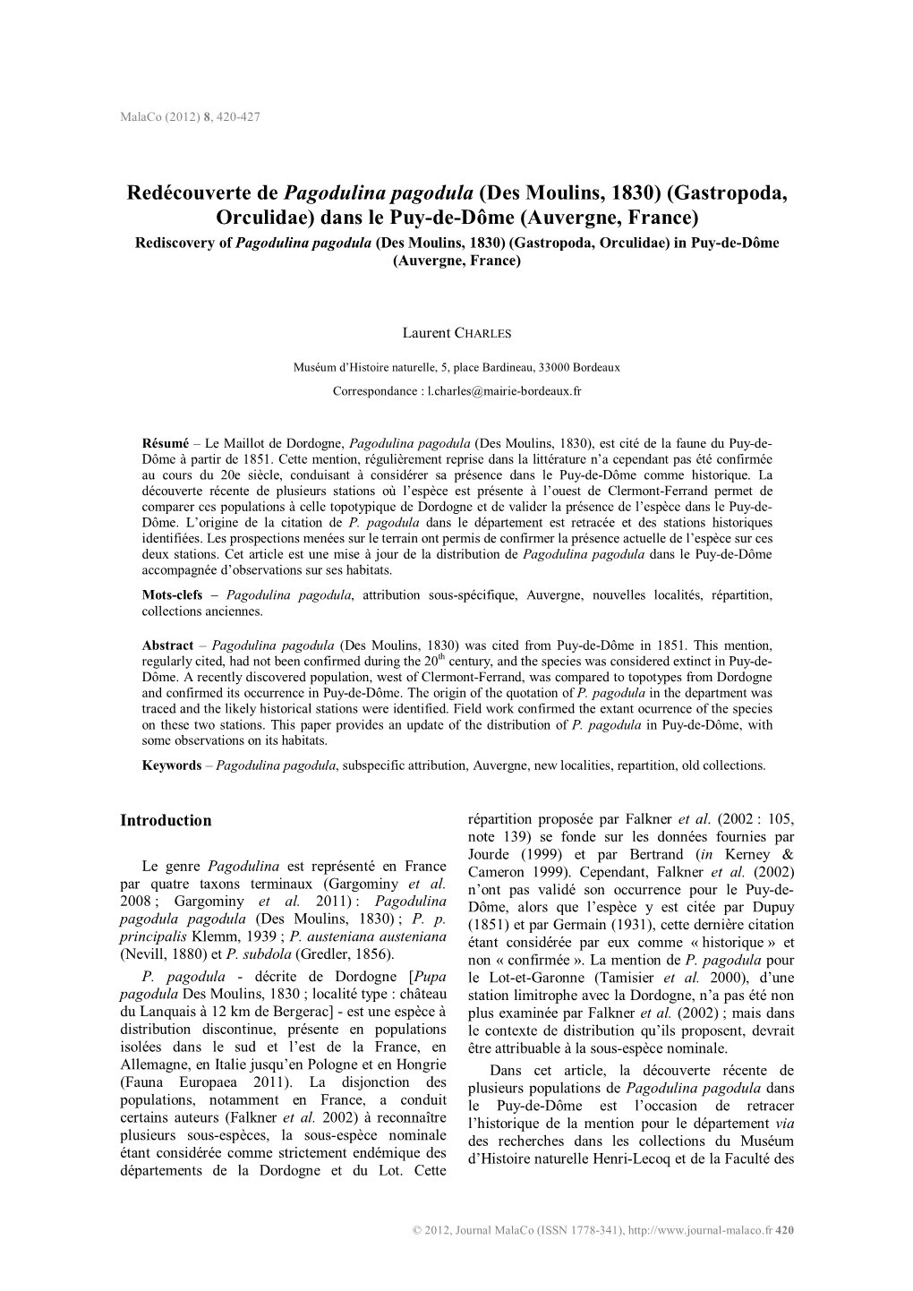 Dans Le Puy-De-Dôme (Auvergne, France) Rediscovery of Pagodulina Pagodula (Des Moulins, 1830) (Gastropoda, Orculidae) in Puy-De-Dôme (Auvergne, France)