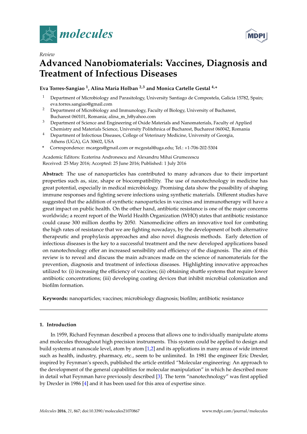 Advanced Nanobiomaterials: Vaccines, Diagnosis and Treatment of Infectious Diseases