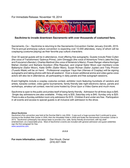 For Immediate Release: November 18, 2014 Sacanime to Invade