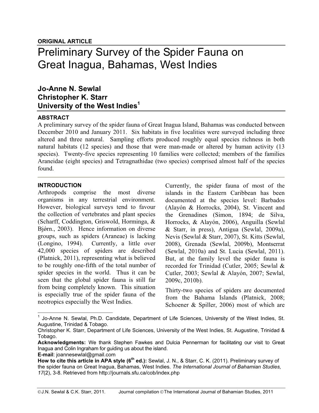 Preliminary Survey of the Spider Fauna on Great Inagua, Bahamas, West Indies