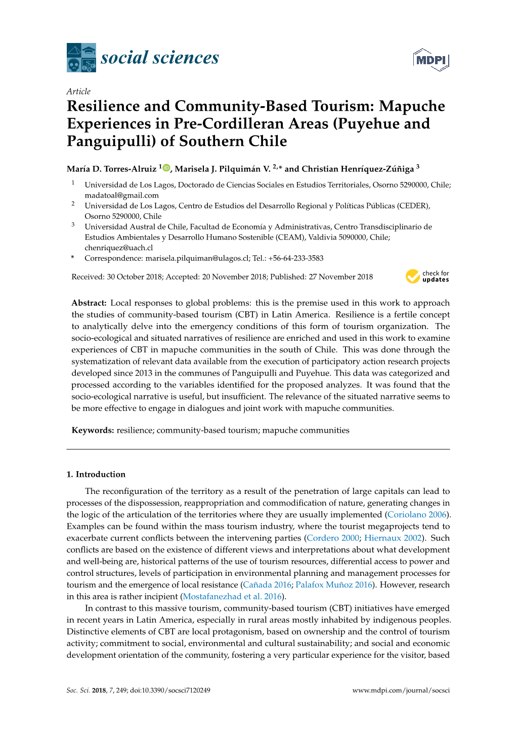 Resilience and Community-Based Tourism: Mapuche Experiences in Pre-Cordilleran Areas (Puyehue and Panguipulli) of Southern Chile