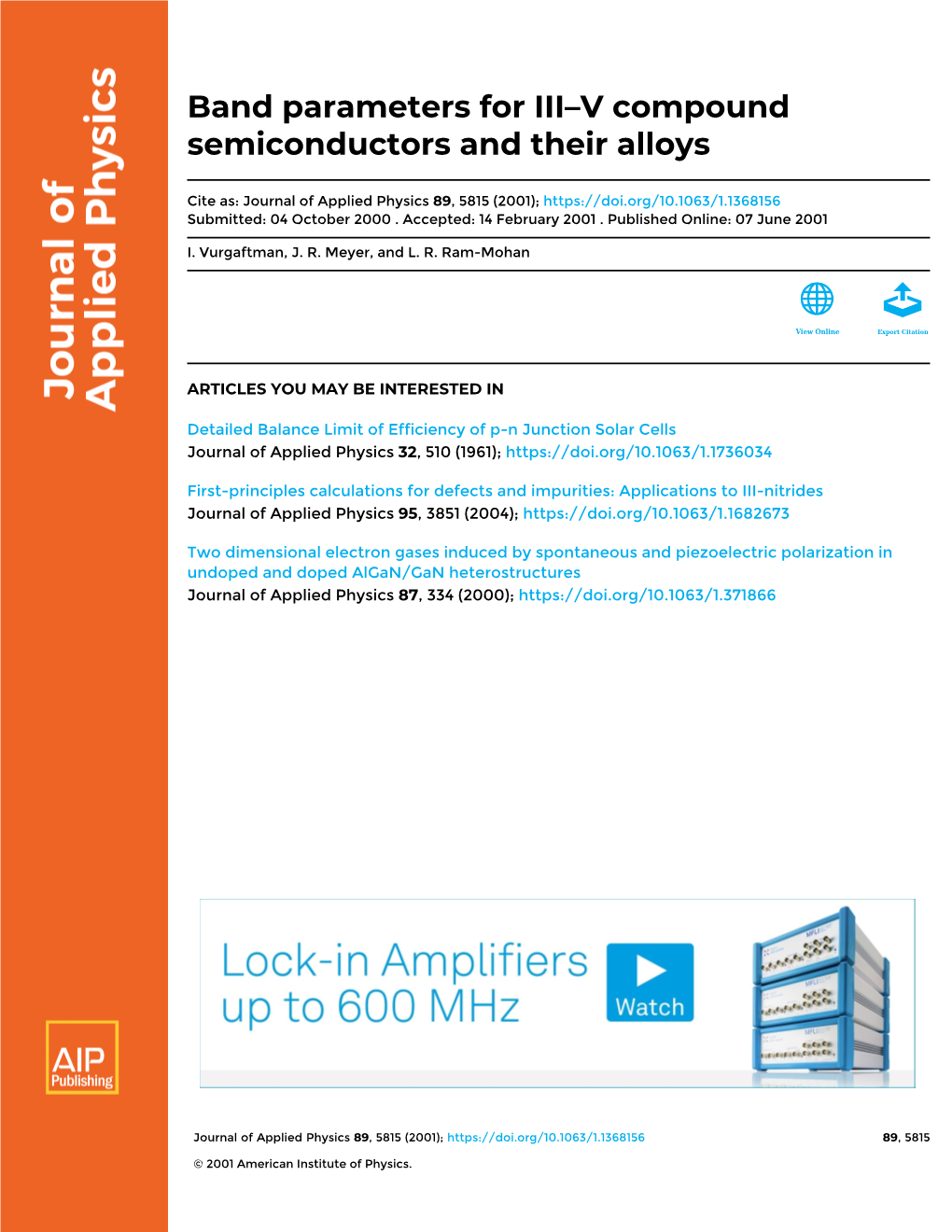Band Parameters for III–V Compound Semiconductors and Their Alloys