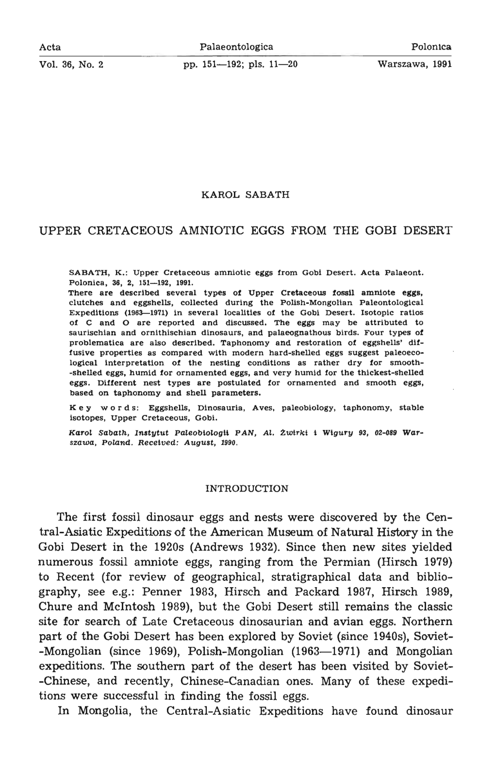 UPPER CRETACEOUS AMNIOTIC EGGS from the GOBI DESERT the First Fossil Dinosaur Eggs and Nests Were &Scovered by The