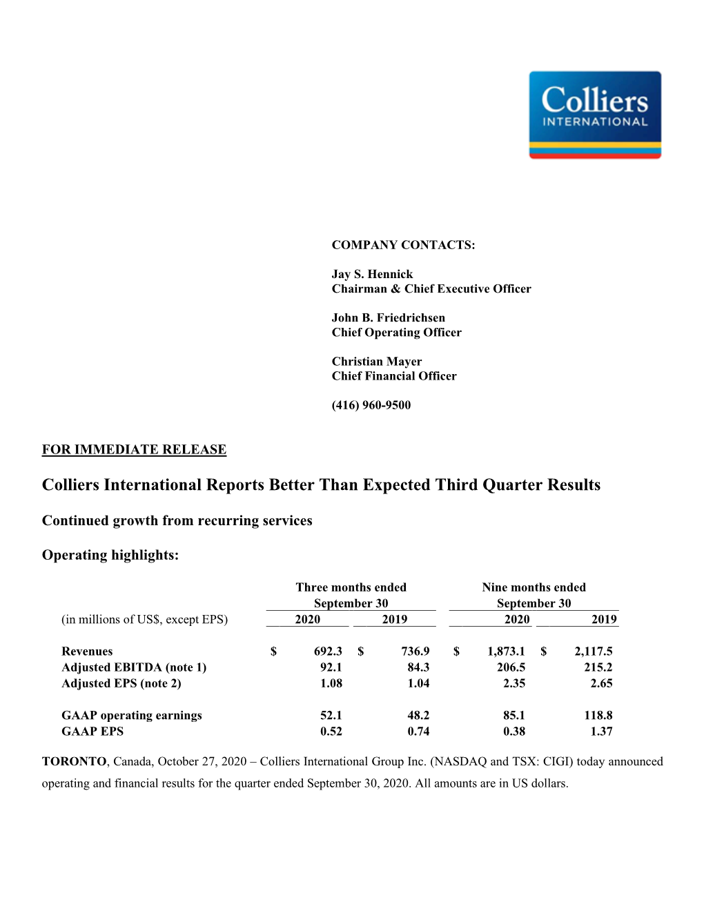 Colliers International Reports Better Than Expected Third Quarter Results