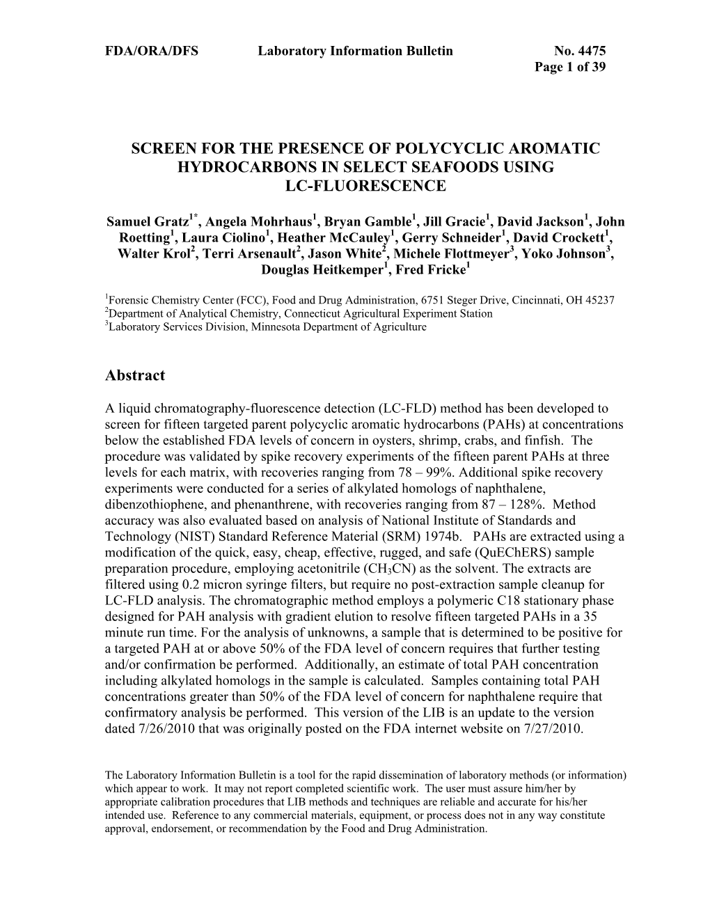 Screen for the Presence of Polycyclic Aromatic Hydrocarbons in Select Seafoods Using Lc-Fluorescence