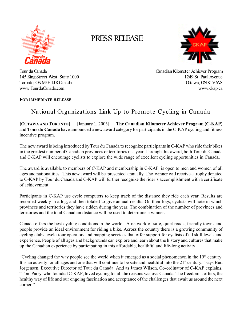 Tour Du Canada Award Press Release