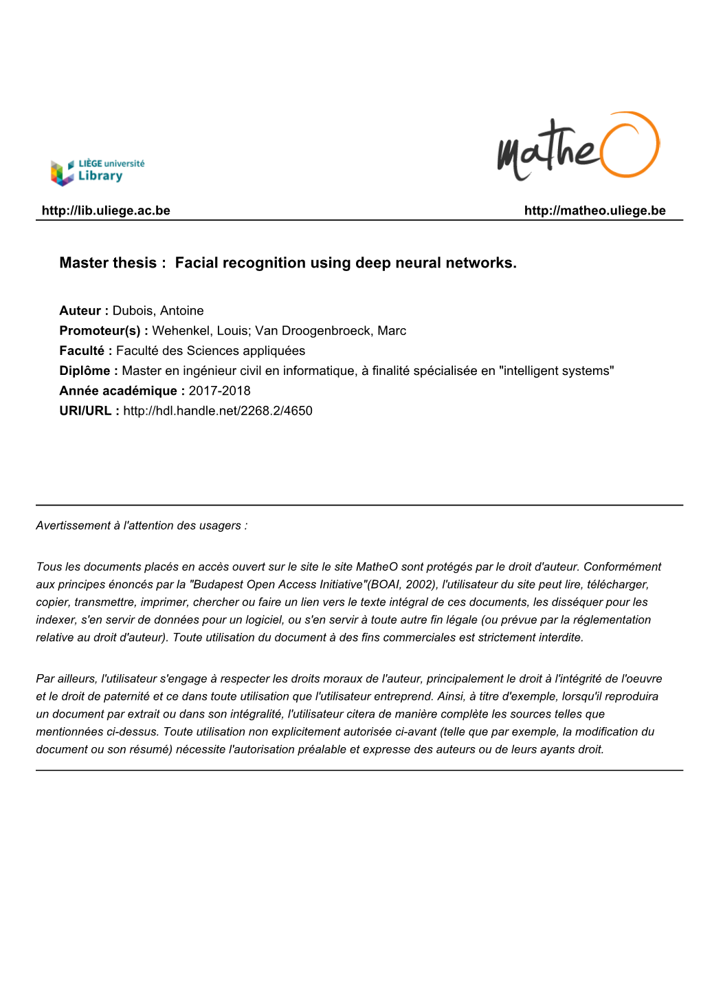 Master Thesis : Facial Recognition Using Deep Neural Networks