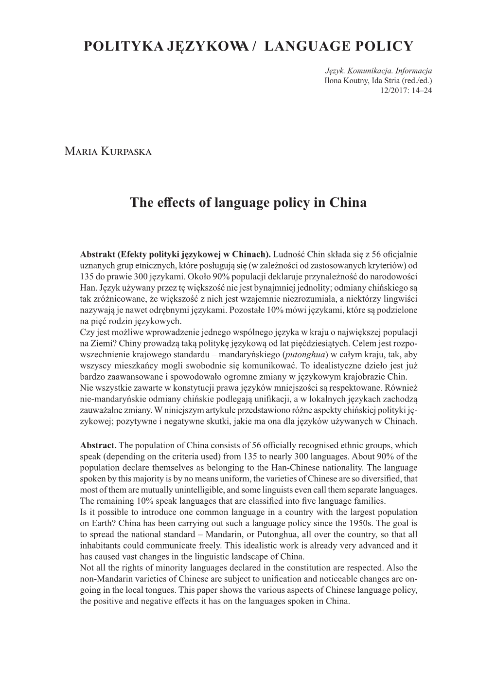 Polityka Językowa / Language Policy the Effects of Language Policy in China